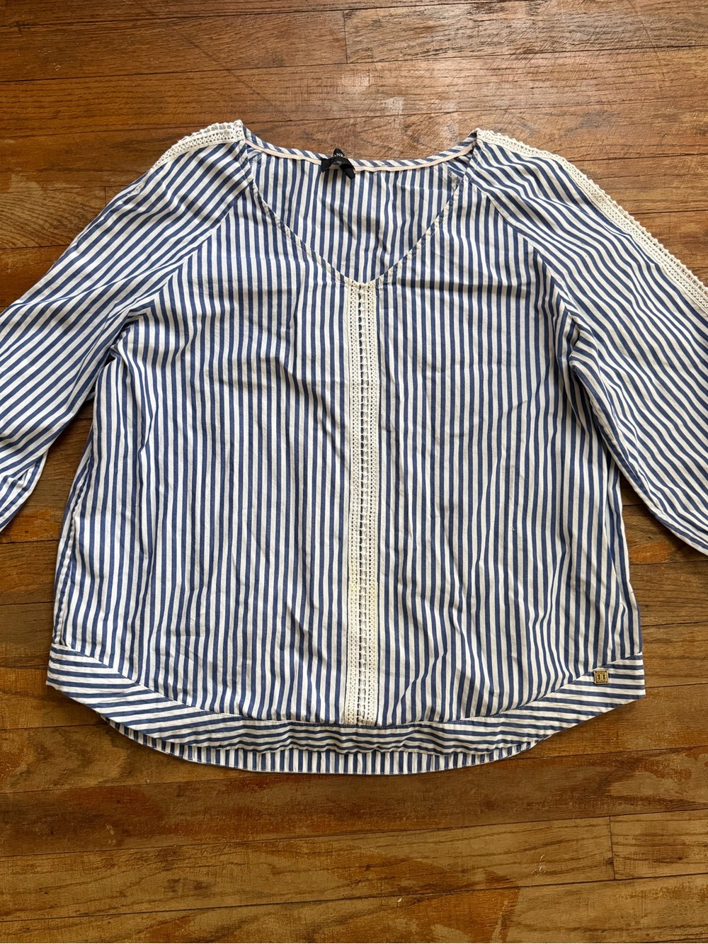 Ivanka Trump Blue & White Striped V-Neck Crochet-Trim Blouse